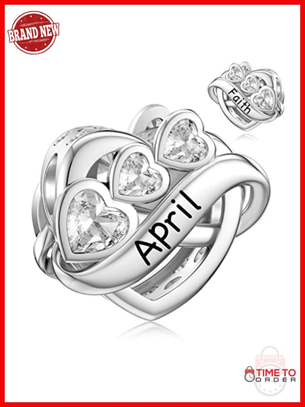 Birthstone Charm for Bracelet, Engraved Heart Charm, Stainless Steel
